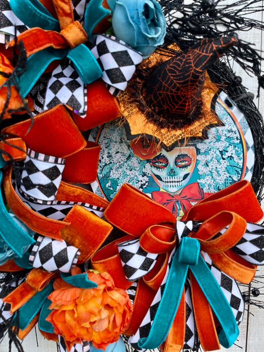 Day of the Dead Halloween Sugar Skull Wreath
