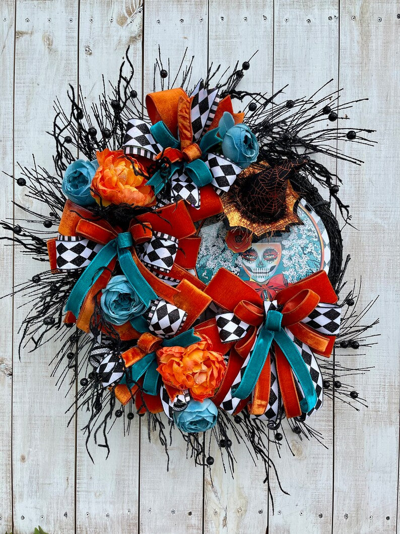 Day of the Dead Halloween Sugar Skull Wreath