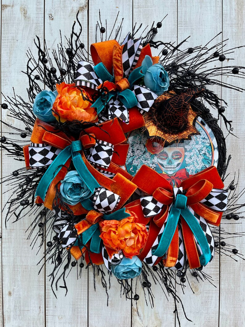 Day of the Dead Halloween Sugar Skull Wreath