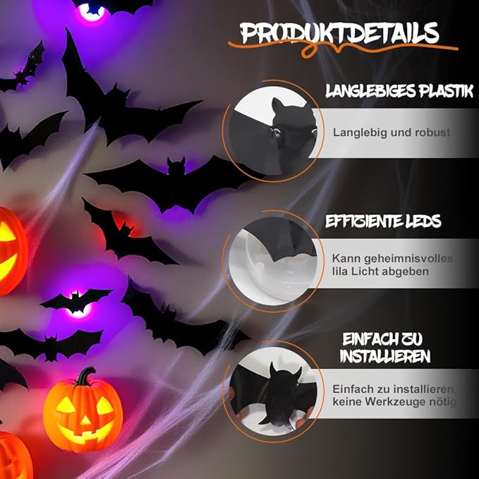 Halloween LED Bat Decorations - 12Pcs Black