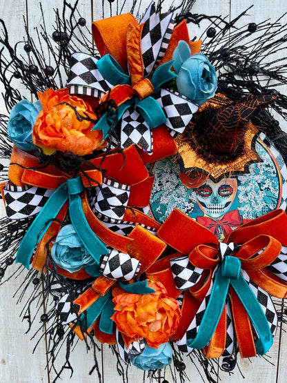 Day of the Dead Halloween Sugar Skull Wreath