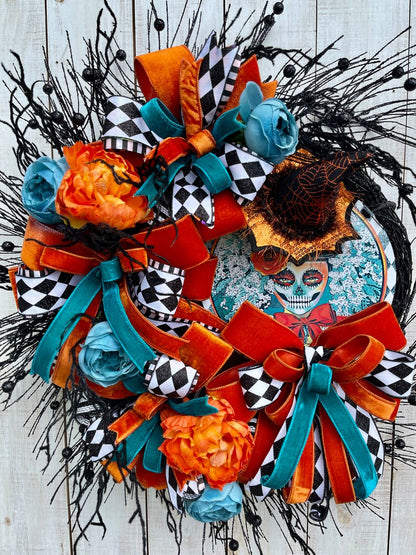 Day of the Dead Halloween Sugar Skull Wreath
